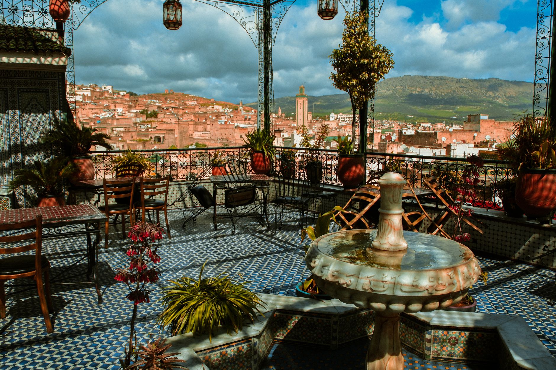 Quiet hotel terrace overlooking mountains